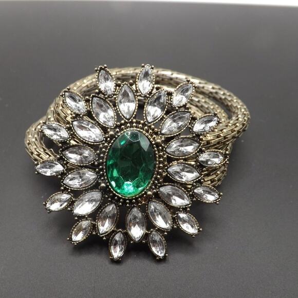 Green Clear Rhinestone Pendant Bracelet, Silver Tone, Stretch, 7 Inches - Picture 5 of 7